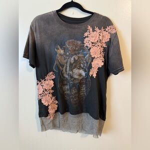 Affliction Tee with Pink Floral Details and Wolf Design